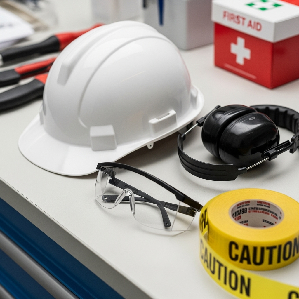 Workplace hazards identification showing safety equipment and industrial environment